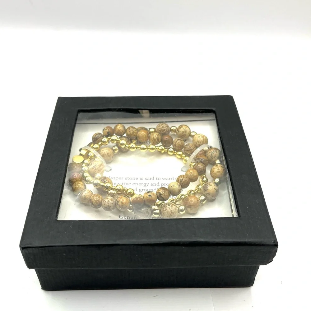 Elegant Gold and Brown Beaded Bracelet Set Stackable Stretch Bracelets